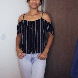 Black, Orange Red and White Striped, Billabong, Off-Shoulder, Button Up Top